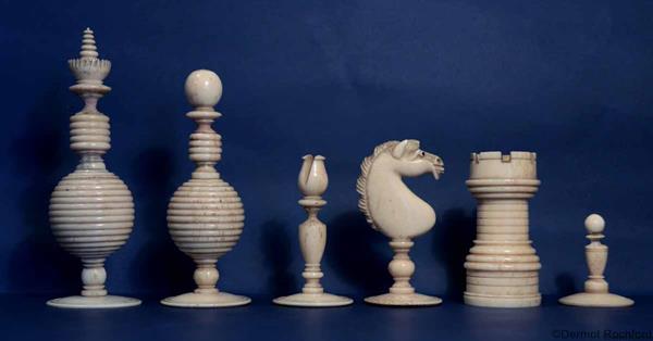 Unusual form English Antique Bone Chess Set
