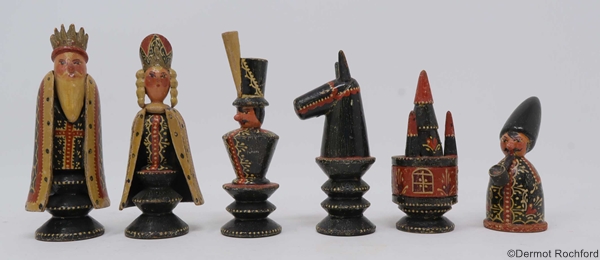 Vintage European painted and carved chess set
