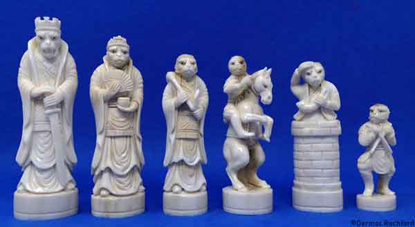 Commissioned Asian Netsuke form elaborate monkey chess set in antler and hardwood