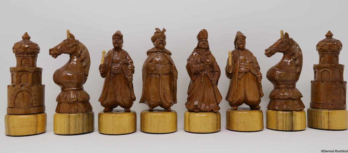 Vintage Soviet Carved Wood Chess Set